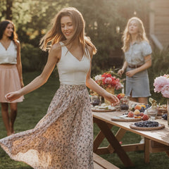 Women’s summer skirt outfit ideas at a garden party — one wearing a flowy floral maxi skirt, another in a cute mini skirt, and one in a casual denim skirt, styled with trendy tops and surrounded by flowers, fairy lights, and elegant outdoor picnic decor.