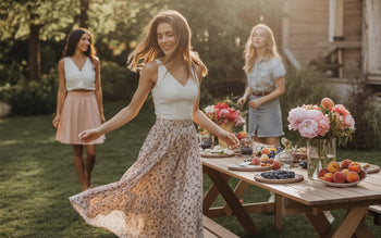 Women’s summer skirt outfit ideas at a garden party — one wearing a flowy floral maxi skirt, another in a cute mini skirt, and one in a casual denim skirt, styled with trendy tops and surrounded by flowers, fairy lights, and elegant outdoor picnic decor.