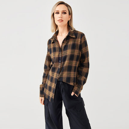 Camisa de franela a cuadros extragrande para mujer: camisa informal de manga larga con botones