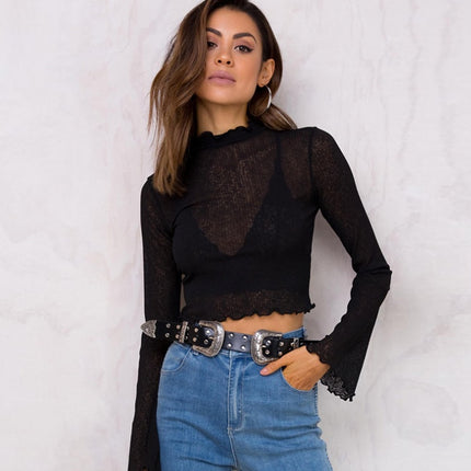 Top corto negro transparente de manga larga: blusa de malla elegante y moderna