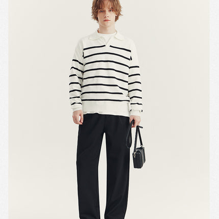 Suéter tipo polo a rayas para hombre: camisa informal de punto de manga larga para el día a día.