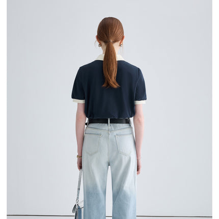 Preppy polo shirt, contrast collar blouse, chic short sleeve top, classic V-neck polo, stylish casual wear.