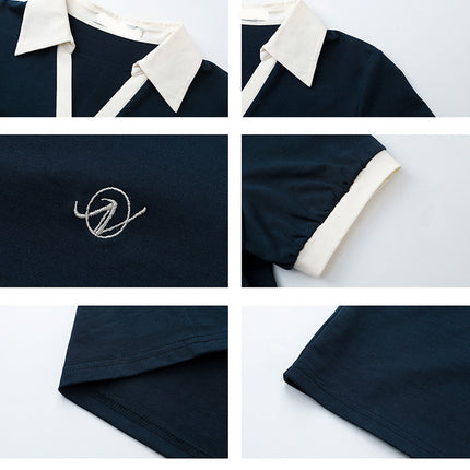 Polo elegante con cuello en contraste: top de manga corta con estilo preppy chic