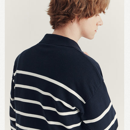 Suéter tipo polo a rayas para hombre: camisa informal de punto de manga larga para el día a día.