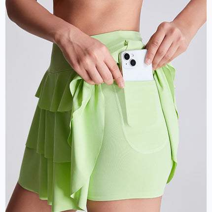 Ruffle Skort, High Waist Skort, Lime Green Mini Skirt, Athletic Skirt with Shorts, Built-in Shorts Skirt, Layered Skort, Tennis Skirt for Women, Workout Skirt, Skort with Pocket, Sporty Skirt