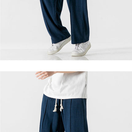 Men’s linen pants, wide leg linen trousers, drawstring pants men, rope tie pants, natural fabric trousers, loose fit summer pants, casual beach pants, boho men’s clothing, relaxed fit men’s fashion, minimalist men’s pants