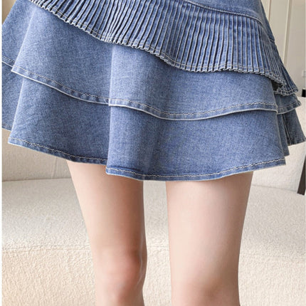 Pleated Skort, Denim Mini Skort, Layered Jean Skort, Built-in Shorts Skirt, High Waist Skort, Casual Streetwear Skirt, Girls Skort for Summer, Trendy Skorts for Women, Y2K Aesthetic Denim