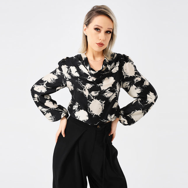 Blusa elegante con estampado floral: manga larga y cuello vuelto para mujer