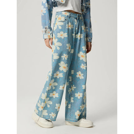 Vaqueros anchos con estampado floral: vaqueros vintage de cintura alta