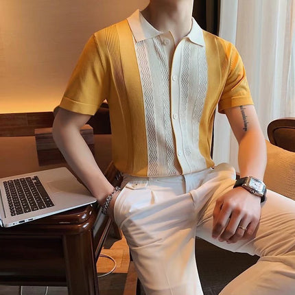 Men's Vintage Cuban Collar Short Sleeve Shirt - Casual Knitted Button-Up