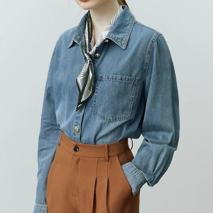 Camisa vaquera azul suave con manga larga para mujer, estilo vendaje