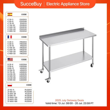 Stainless Steel Work Table Commercial Food Prep Worktable with Casters Heavy Duty Prep Worktable for Restaurant Home Hotel