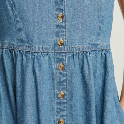 Women's Sleeveless Button-Front Denim Midi Dress – Casual Summer Essential
