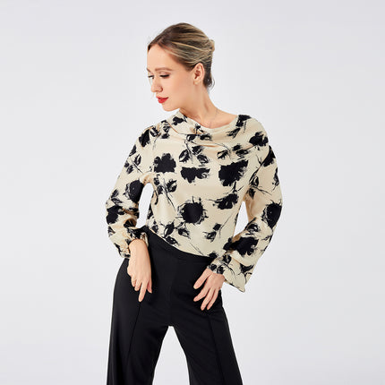 Blusa elegante con estampado floral: manga larga y cuello vuelto para mujer