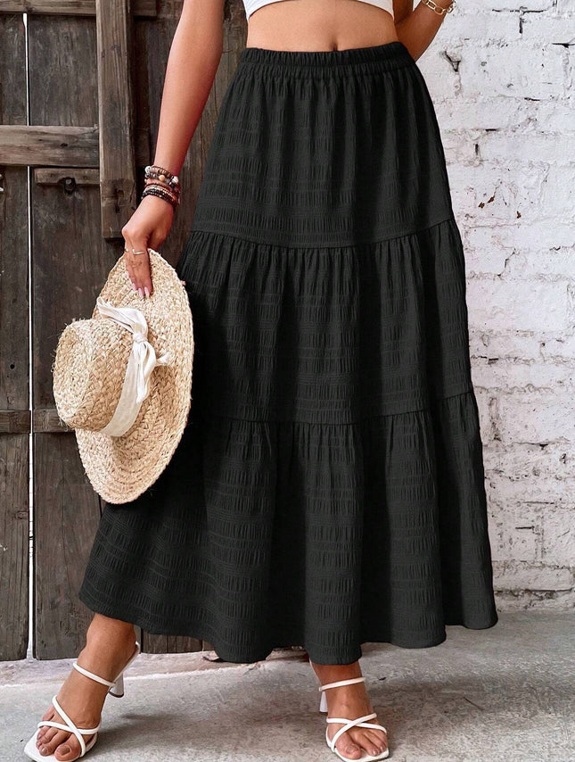 Women's Black Tiered Maxi Skirt – High Waist Boho Long Skirt for Summer & Casual Wear