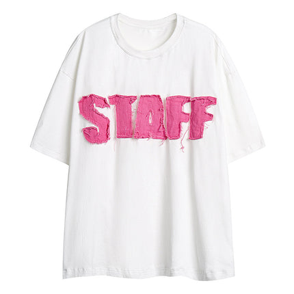 Camiseta oversize con patchwork de mezclilla: camiseta informal de estilo urbano