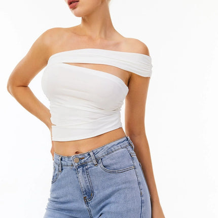 Top corto cruzado elegante negro con hombros descubiertos: ropa elegante de fiesta y ropa urbana