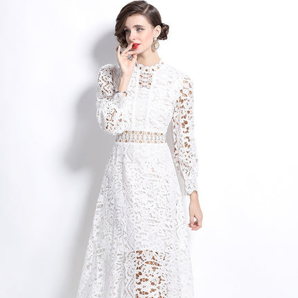 White lace midi dress
Elegant A-line dress
Long sleeve lace dress
Hollow-out lace dress
Chic party dress
Feminine midi dress
Vintage-inspired lace dress
Formal occasion dress