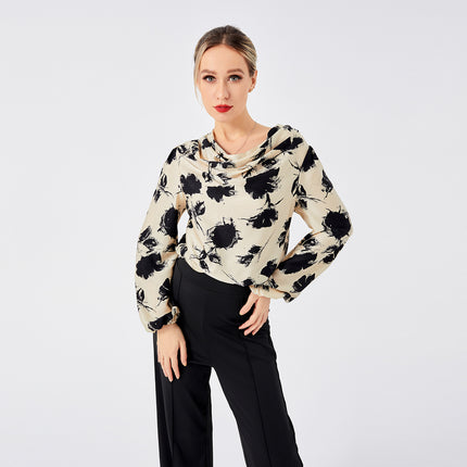 Blusa elegante con estampado floral: manga larga y cuello vuelto para mujer