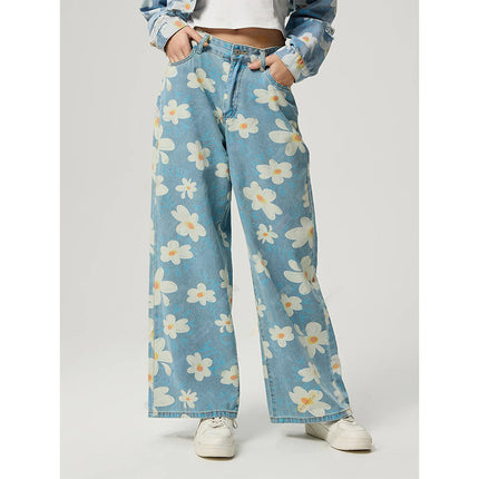 Vaqueros anchos con estampado floral: vaqueros vintage de cintura alta