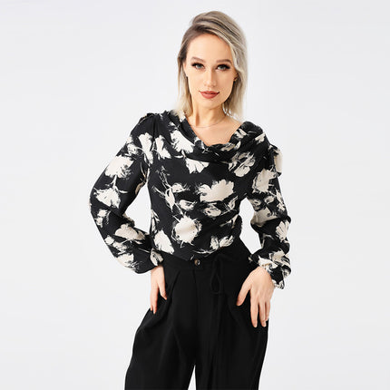 Blusa elegante con estampado floral: manga larga y cuello vuelto para mujer