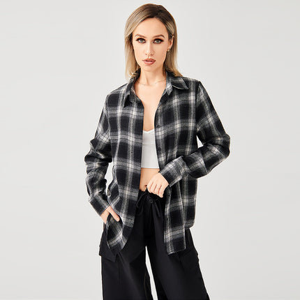 Camisa de franela a cuadros extragrande para mujer: camisa informal de manga larga con botones