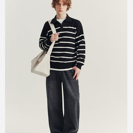 Suéter tipo polo a rayas para hombre: camisa informal de punto de manga larga para el día a día.