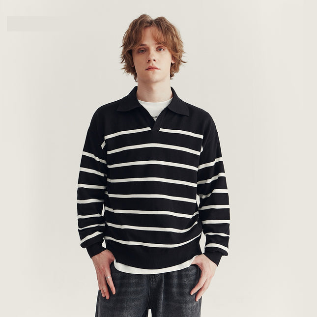Suéter tipo polo a rayas para hombre: camisa informal de punto de manga larga para el día a día.