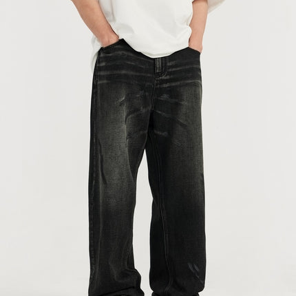 men's wide-leg jeans, black denim jeans, vintage washed jeans, loose-fit jeans, casual streetwear, urban fashion, baggy denim, relaxed fit jeans, trendy men's denim.