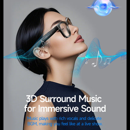 Woman wearing glasses with 3D sound effects and text about immersive sound experience.