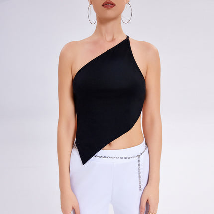 One-shoulder crop top
Black asymmetrical top
Trendy summer tops
Streetwear fashion
Casual party outfit
Women's sleeveless top
