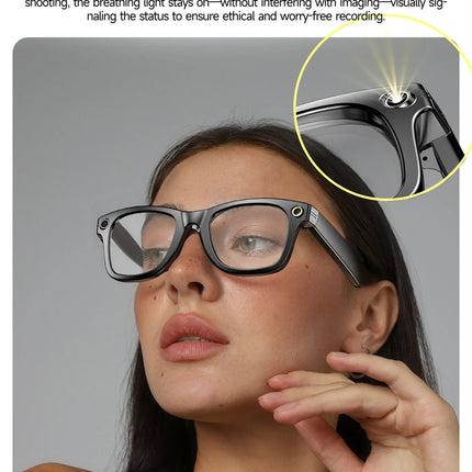 Smart camera glasses with light signal for transparent recording, worn by a person.