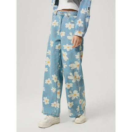 Floral print wide-leg jeans
Vintage high-waist denim
Retro daisy print jeans
Trendy printed denim pants
Oversized streetwear jeans
Y2K aesthetic wide-leg jeans
Casual baggy jeans for women