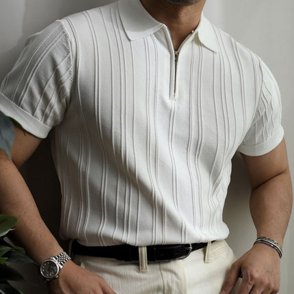Men's knit polo shirt
Ribbed short sleeve polo
Stylish half-zip polo
Casual polo for men
Men's fashion essentials
Black polo shirt for men