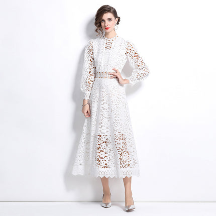 White lace midi dress
Elegant A-line dress
Long sleeve lace dress
Hollow-out lace dress
Chic party dress
Feminine midi dress
Vintage-inspired lace dress
Formal occasion dress