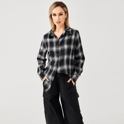 Women's plaid flannel shirt
Oversized flannel shirt for women
Long sleeve button-up shirt
Casual plaid shirt for layering
Soft and breathable flannel