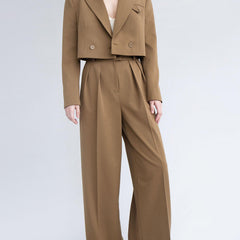 cropped blazer, wide-leg pants, women's suit set, 2 piece suit, tailored pants, high waist pants, blazer set women, neutral tone outfit, office co-ord set, short blazer jacket, fashion suit for women, poly-viscose suit, minimal chic clothing