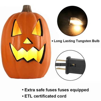Decorative pumpkin light with glowing face, long-lasting tungsten bulb, safe fuses, and ETL certified cord on a white background.