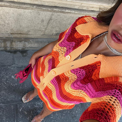 Women’s crochet two-piece set
Retro co-ord outfit
Summer festival fashion
Colorful crochet skirt and top
Boho chic outfit for women
Trendy vacation outfits