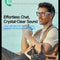 Man with glasses and a dog sitting outdoors, with text about dual-mic call noise cancellation.