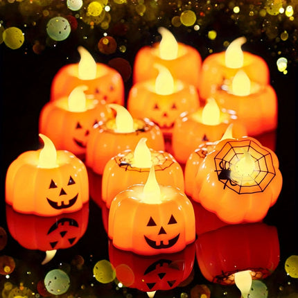 Set of glowing jack-o'-lantern-shaped candles with a spider web design on a reflective surface.