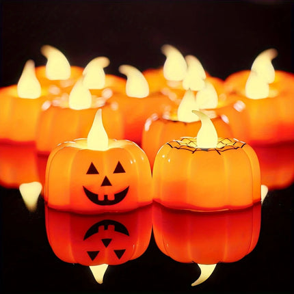 Halloween-themed LED lights shaped like pumpkins with glowing candles on a dark background.