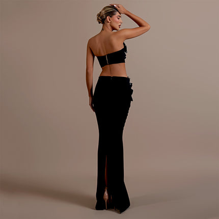 Black strapless evening gown
Embellished formal dress
Black crop top and skirt set
Embellished two-piece evening outfit
Luxury crystal gown
Elegant two-piece dress
Designer evening skirt and top
High-slit skirt with beaded top
Glamorous two-piece party set
Designer evening wear
Red carpet dress
Floral embellished tube gown
Beaded formal outfit