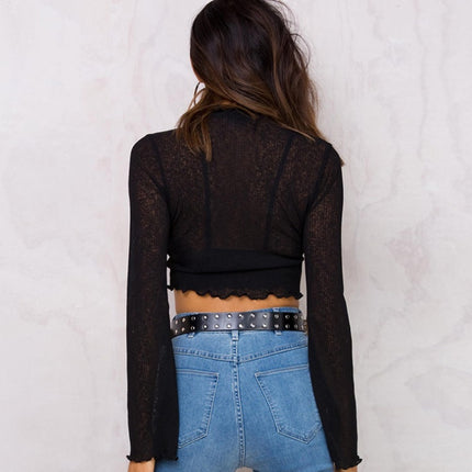 Sheer black crop top
Mesh long sleeve top
Sexy black lace blouse
Trendy night out top
See-through long sleeve shirt