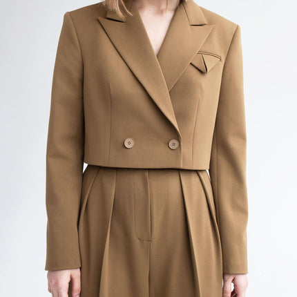 cropped blazer, wide-leg pants, women's suit set, 2 piece suit, tailored pants, high waist pants, blazer set women, neutral tone outfit, office co-ord set, short blazer jacket, fashion suit for women, poly-viscose suit, minimal chic clothing