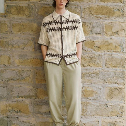 Men’s knit shirt
Vintage button-up shirt
Summer fashion for men
Short sleeve knitwear
Retro aesthetic shirt