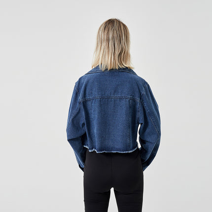 Women's cropped denim jacket
Dark wash jean jacket
Trendy short denim jacket
Casual streetwear jacket
Fashionable denim outerwear