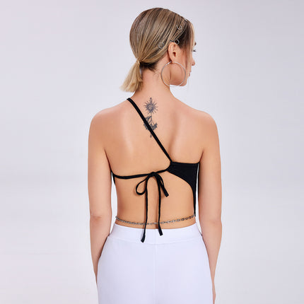 One-shoulder crop top
Black asymmetrical top
Trendy summer tops
Streetwear fashion
Casual party outfit
Women's sleeveless top