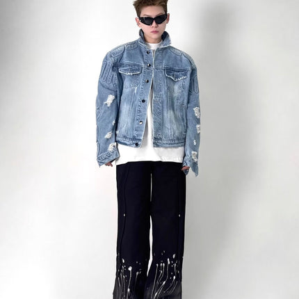 Men's ripped jacket,
Motorcycle denim jacket,
Ripped denim jacket, Casual outerwear,
Motorcycle jacket,
Stylish men's jacket,
Trendy denim jacket,
Essential outerwear,
Cool men's jacket,
Effortless style,
Timeless jacket,
Comfortable jacket,
Men's casual jacket,
Biker jacket,
Distressed denim jacket,
Quality denim,
Bold design,