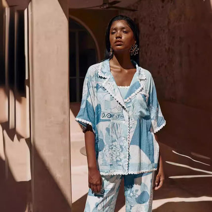 Boho-chic printed shirt and trousers set
Summer co-ord set for women
Wide-leg pants and button-down shirt
Elegant bohemian outfit
Lightweight vacation wear
Trendy summer matching se